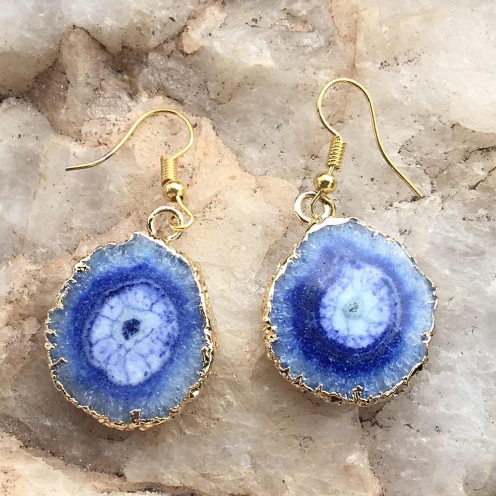 China blue solar quartz gold dipped earrings